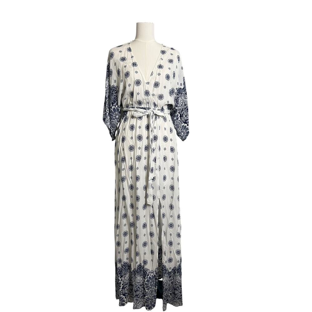 Lulu's White Maxi Dress with Navy Blue Floral Border
